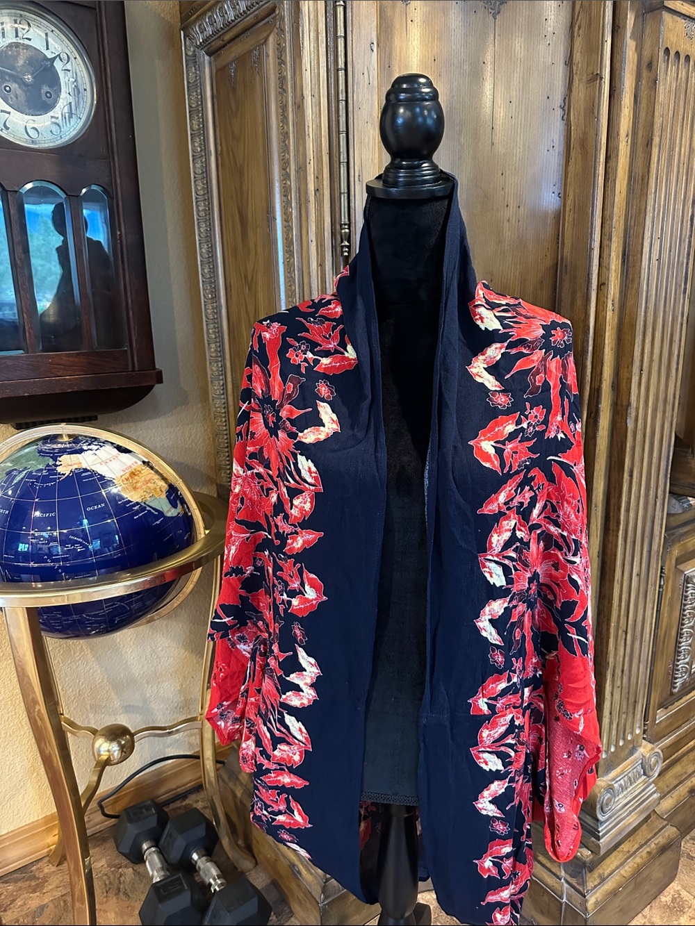 Floreat Navy Open-Front Jacket with Red Floral Print